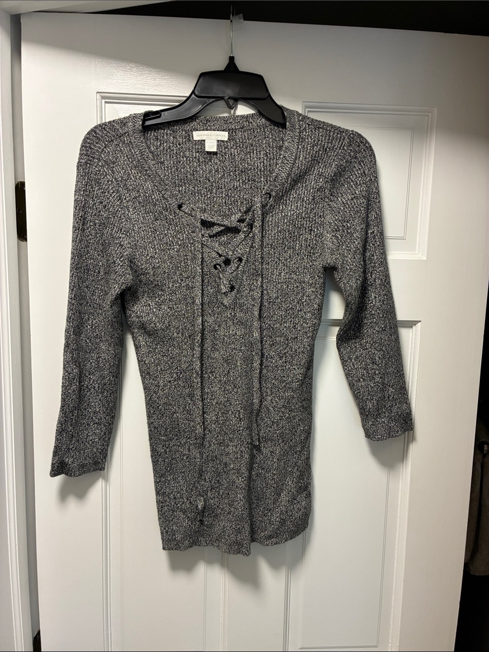 New York & Company Charcoal Lace-Up V-Neck Knit Sweater